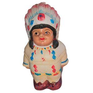 Vintage Ceramic Native American Chief Coin Bank Hand-Painted 8 Inches Tall Decor